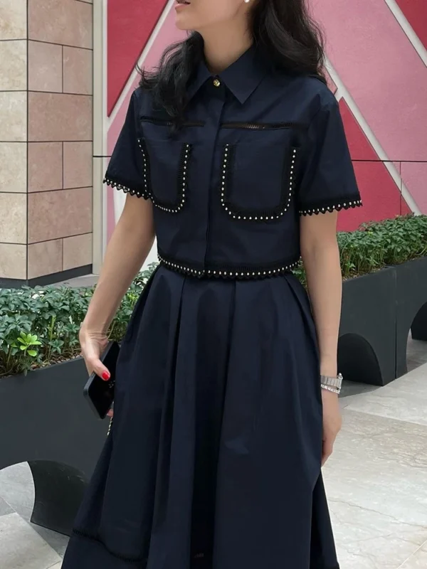 GALCAUR Elegant Two Piece Sets For Women Lapel Short Sleeve Tops High Waist A Line Pleated Skirts Solid Set Female Summer 2023 5