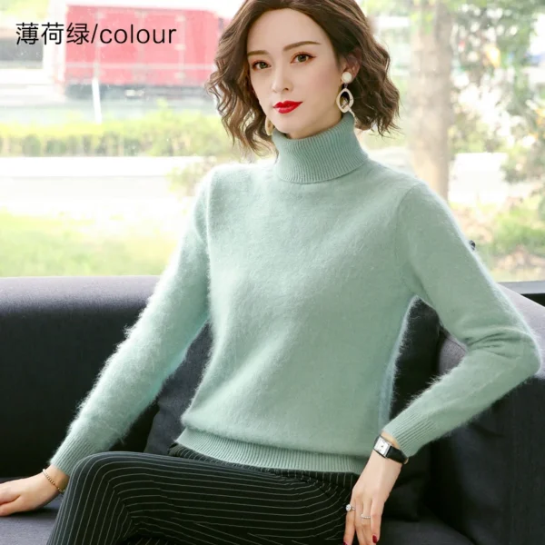 2021 Fall/Winter 100%Pure Mink Cashmere Sweater Women High Lapel Knit Pullover Wild Warm Solid Color Plus Size Short Base Shirt 6