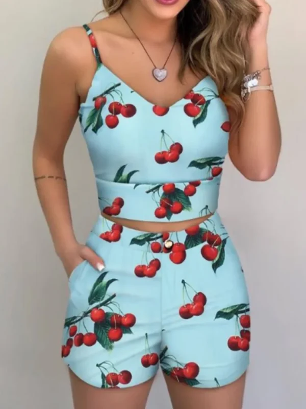 Fashion Women Shorts Suits 2Pieces Sets Summer Office Lady Floral Strap Tank Crop Top+High Waist Button Shorts Female Outfits 5