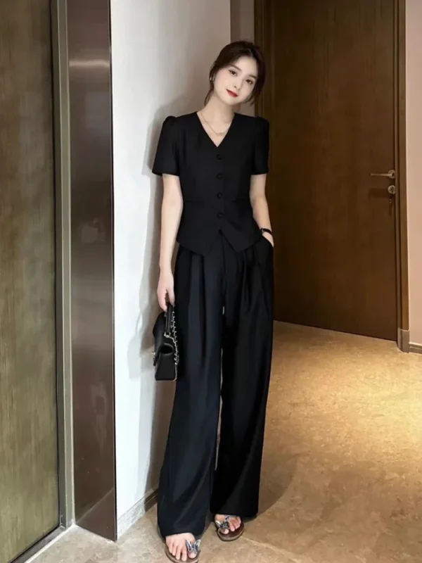 Women Fashion Lie Fallow Suit for Women Summer New High-end Korean Style Short Loose Coat + Straight Pants Two-piece Set Female 4