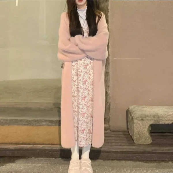 white Long Cardigan for women 2024 winter clothes Knitted fluffy long sleeve Cashmere sweater coat clotkorean style warm vintage 4