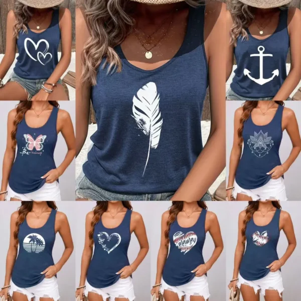 New women's casual vest for summer, a variety of print styles, sleeveless resort-style blue vest, women's 1