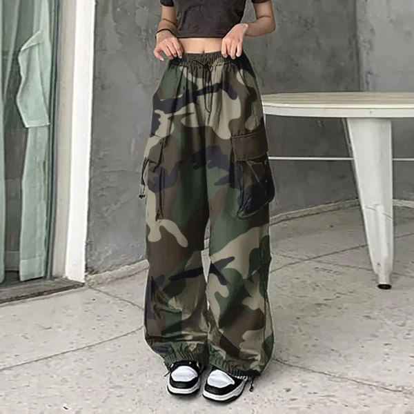 Y2k Baggy Cargo Pants For Women Camo Print Pants Streetwear Hip Hop Joggers Sweatpants Drawstring Casual Loose Wide Leg Trousers 2