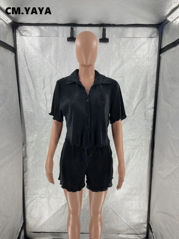 CM.YAYA Street Vintage Pleated Women's Set Short Sleeve Shirt Blouse and Shorts Suit 2023 INS Two 2 Piece Set Outfit Tracksuit 6