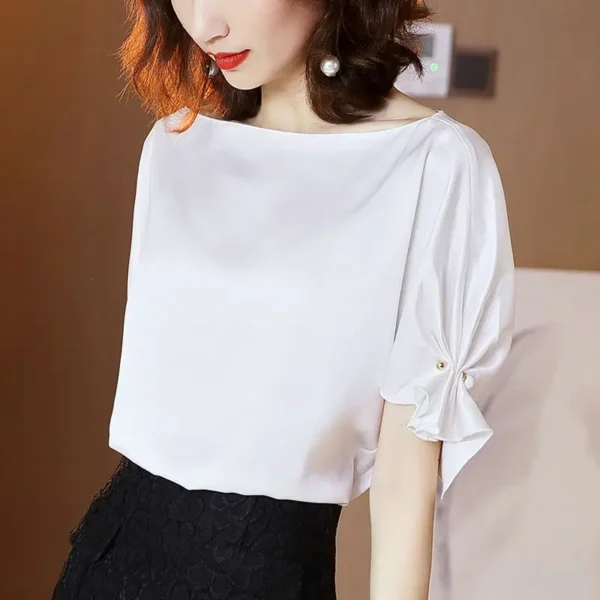 Spring and Summer 2023 New Light Luxury Drape Shirt Mercerized Satin Acetate Fabric Top Short Sleeve Loose and Thin 3