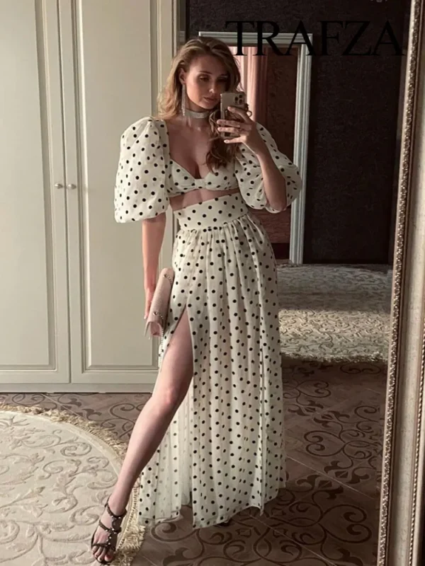 TRAFZA 2024 Female Spring Polka Dots Printed Suit Cropped Short Sleeves Square Neck Top Slit High Waist Chic Skirt Vintage Suit 4