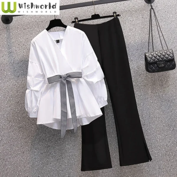 Large Women's Wear Spring and Summer 2024New Slim High Sense Korean Fashion Shirt Two-piece Elegant Women's Pants Set 1