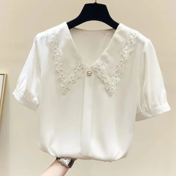 Women Spring Summer Style Blouses Shirts Lady Casual Short Sleeve Peter Pan Collar Blusas Tops 5