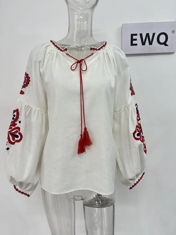 EWQ Sweet Style Women Pullover Shirts Embroidery Patchwork Bandage V-neck Lantern Sleeve Spring Summer 2023 New Blouse SN0452 5