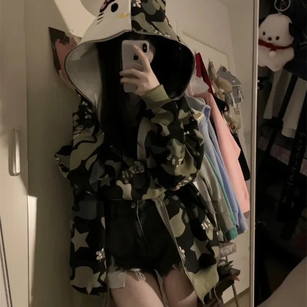 American Vintage Camo2024 Spring and Autumn New Loose and Lazy Oversize Cardigan Kitty cat Coat Women's Hoodie 4