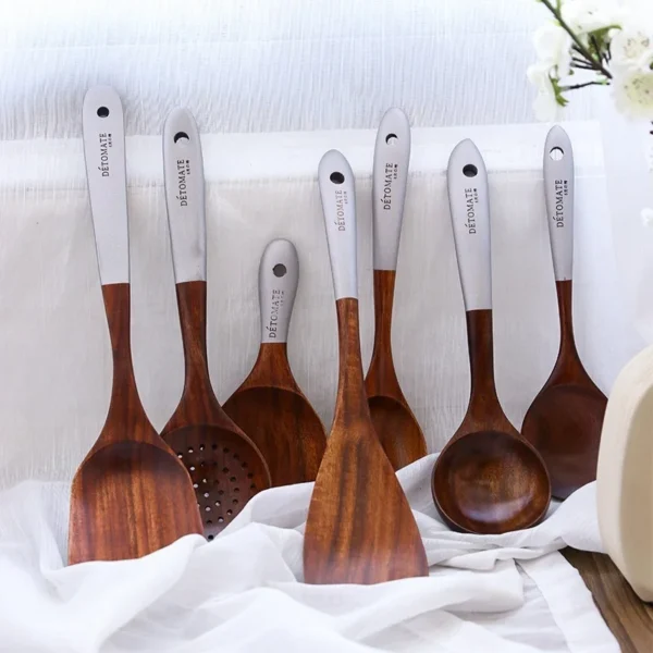 Thailand Teak Natural Wood Tableware Spoon Ladle Turner Long Rice Colander Soup Skimmer Cooking Spoons Scoop Kitchen Tool Set 5