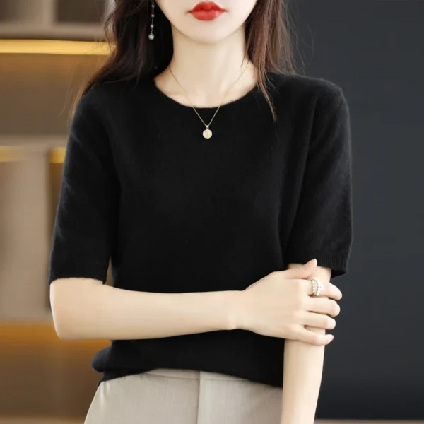 Spring and Summer New Short-sleeved Women O-neck Slim Wool Cotton Blend Pullover Vest T-shirt Knitted Base Sweater 3