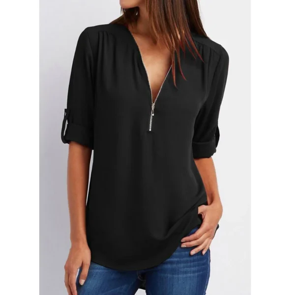 S-5XL Ladies Loose Chiffon Shirt Multi Colors V-Neck Zipper Long-Sleeved Casual Basic White Black Blouse Shirt Tops Plus Size 3