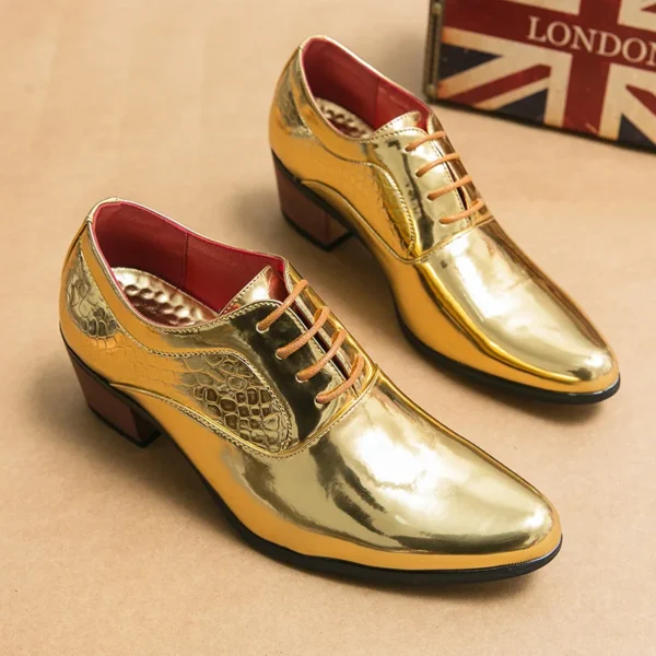 New 2023 Luxury Gold Men High Heel Leather Shoes Moccasins Designer Pointed Dress Shoes Men Wedding Formal Shoes Big Size 46 2