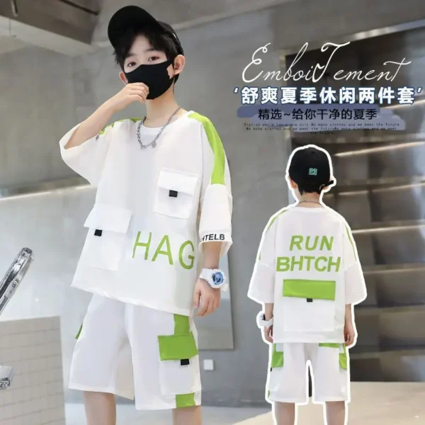 Children Boys Clothes Summer Patchwork T-Shirt & Contrast Colors Shorts 2 Pieces Set Teenage Boy Street Wear Letter Tracksuit 5