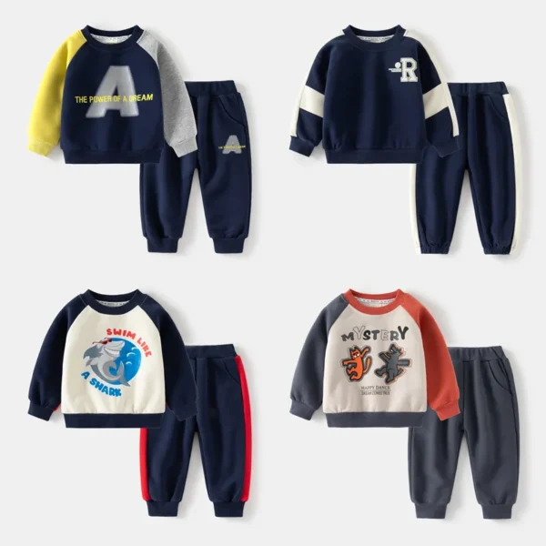 Autumn Toddler Boy 2PCS Clothes Set Cotton Thicken Spliced Shark Sweatshirt Letter Warm Jogger Pant Baby Boy Outfit Kid Boy Suit 1