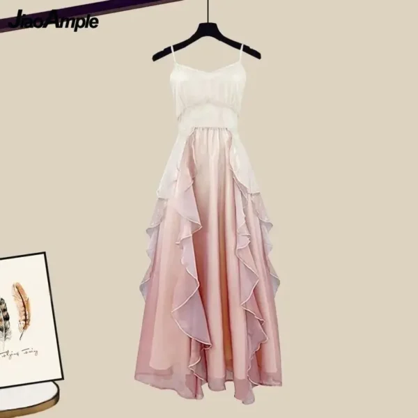 Women's 2024 Summer New Fashion Short Sleeved Shirt+Sling Skirt Two Piece Suit Korean Elegant Short Top Dress Matching Set 6