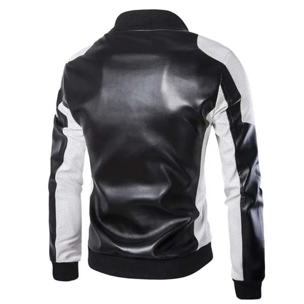 2024 New Men Stand Collar Coat Black White Color Matching Casual Leather Jacket Fashion Racing Clothing  PU Leather Jacket 5XL-M 3