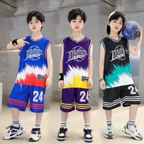 Boys Summer Quick-Dry Basketball Sports Suits 4-14 Years Boys Sveless Vset+Short Pants 2pcs Sets Kids Sports Outfits Clothing 2